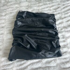 Ruched black mini leather skirt